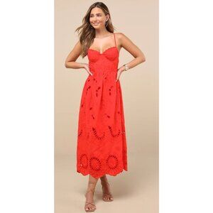 Lulus Jenora Bright Red Embroidered Bustier Midi Dress Women's Size Medium NWT!